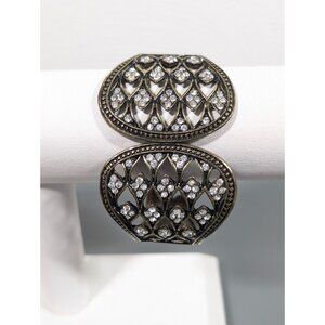 Bronze tone Art Deco Rhinestone Fan Wide Hinge Cuff Bracelet Statement 6"